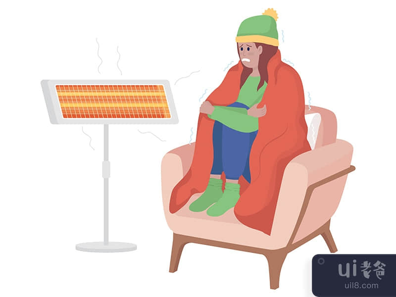 Cold girl at heater lamp semi flat color vector character