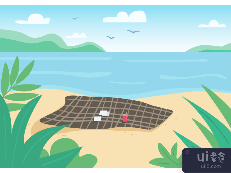 Blanket on wild beach flat color vector illustration