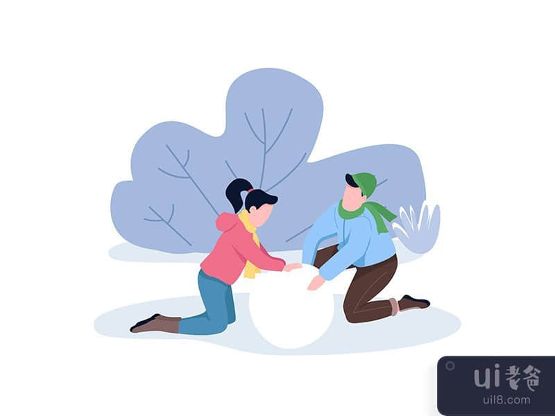 Couple making snowman together semi flat color vector characters