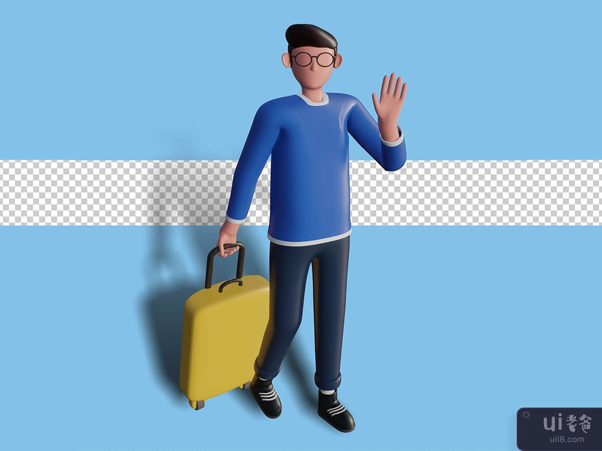 3d illustration of a character going on vacation while holding a smart phone