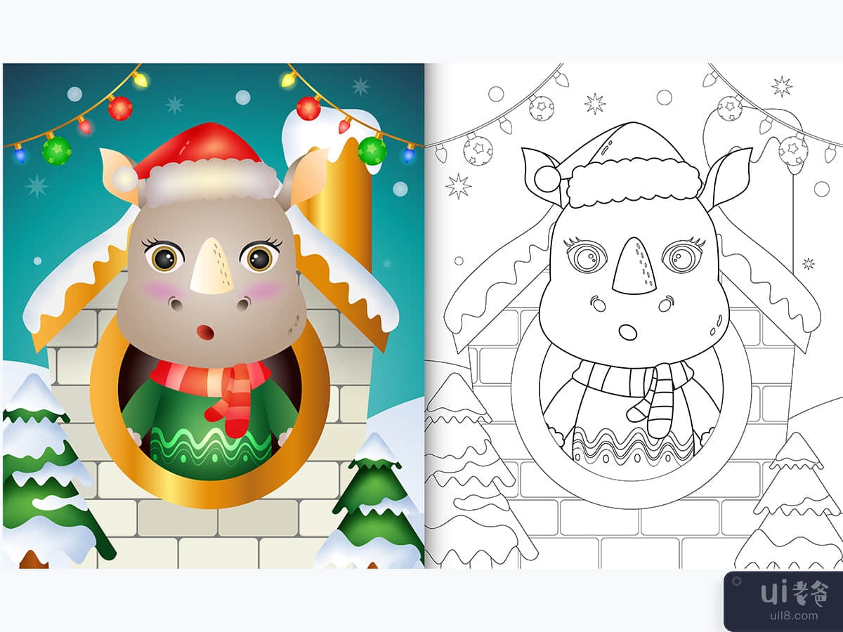 coloring book with a cute rhino christmas characters using santa hat and scarf