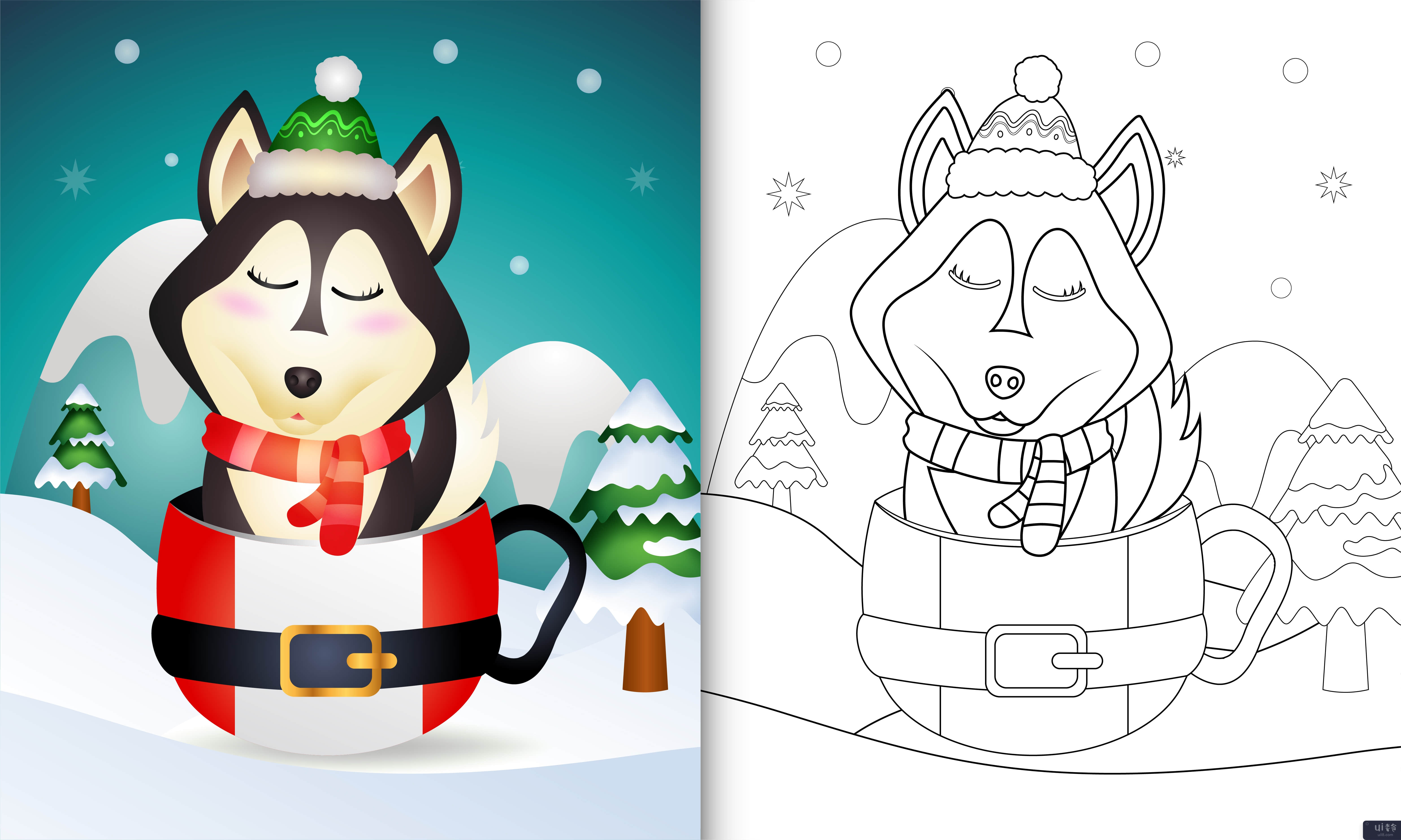 带有可爱的哈士奇狗圣诞人物的着色书(coloring book with a cute husky dog christmas characters)插图2