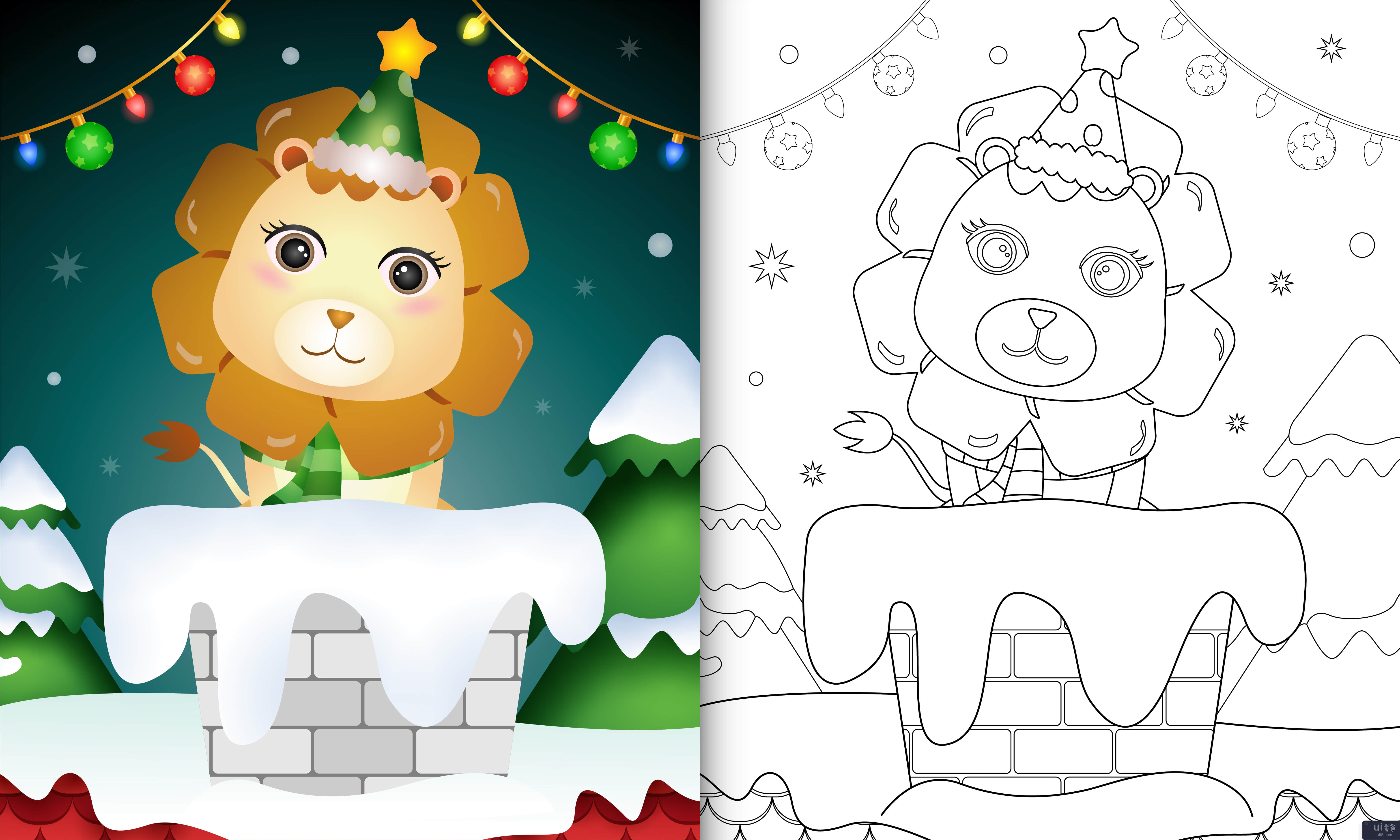 用圣诞帽和围巾在烟囱里为可爱狮子的孩子着色书(coloring book for kids with a cute lion using santa hat and scarf in chimney)插图2