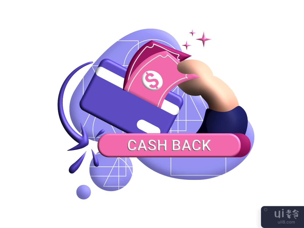 cashback card 3d rendering Illustration for get vouchers discounts