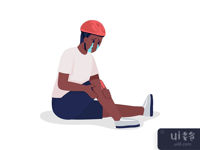 Crying schoolboy with injured leg semi flat color vector character