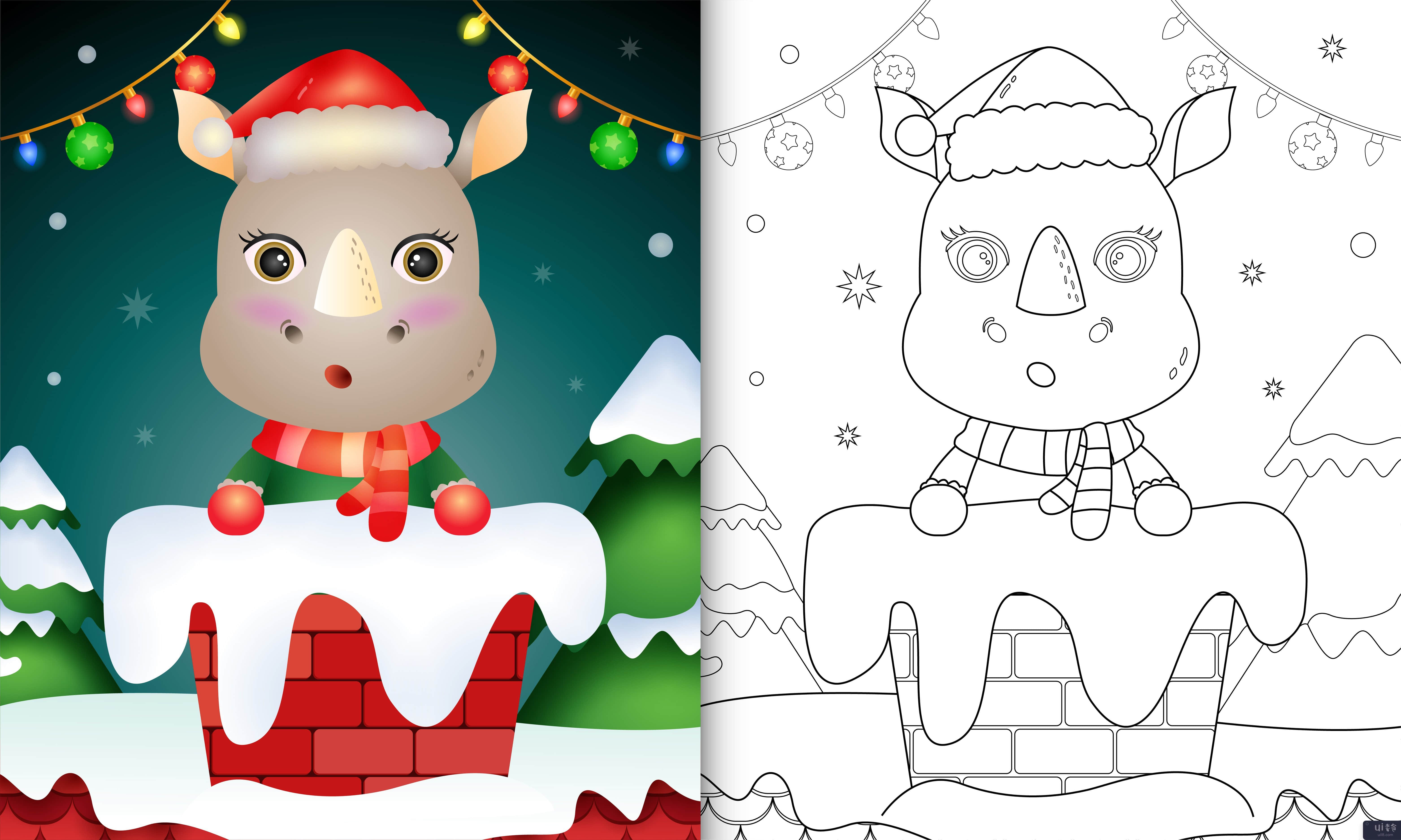 用圣诞帽和围巾在烟囱里为可爱犀牛的孩子着色(coloring for kids with a cute rhino using santa hat and scarf in chimney)插图2