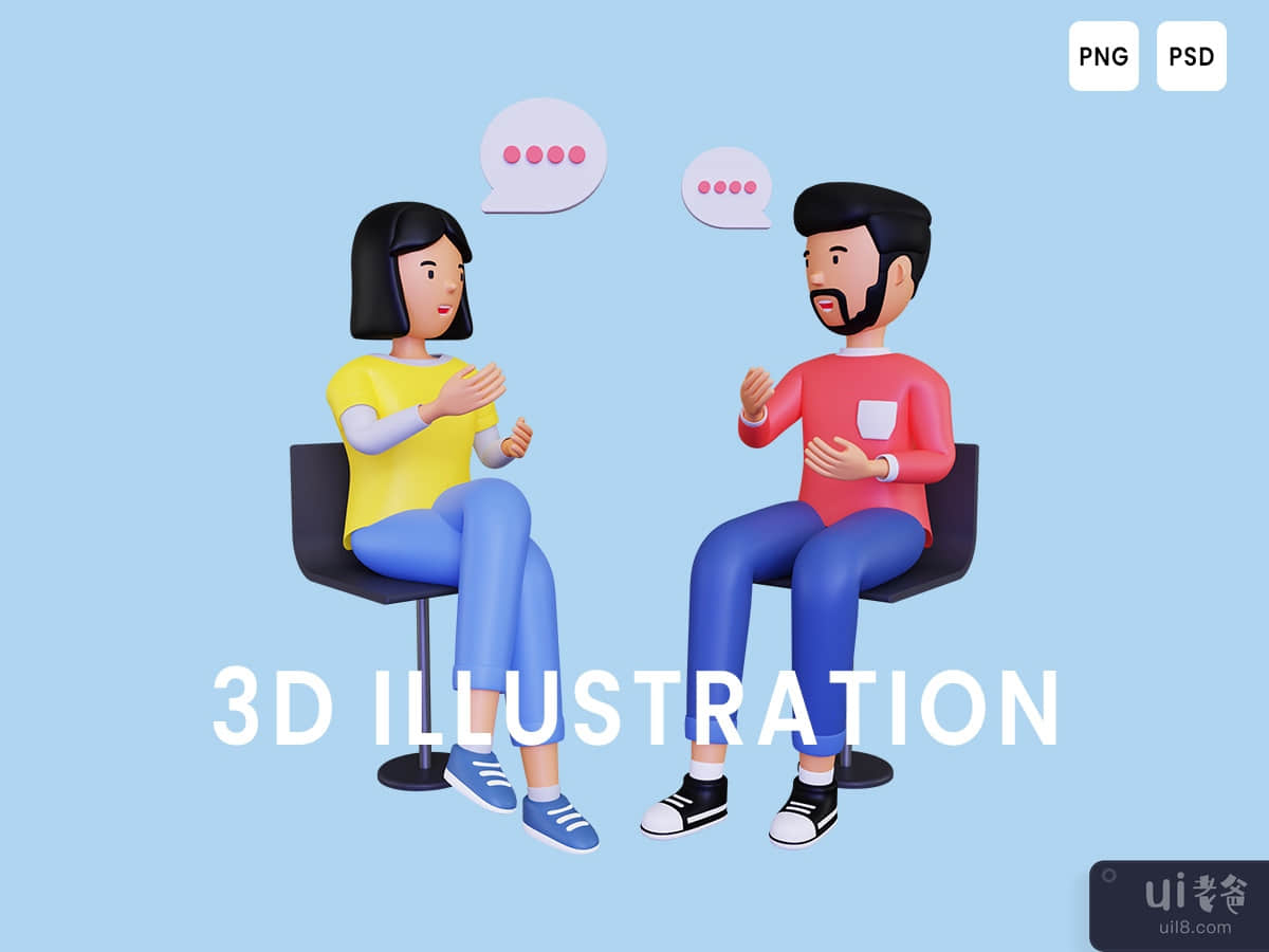3d Male and female character are having a conversation while sitting on a chair