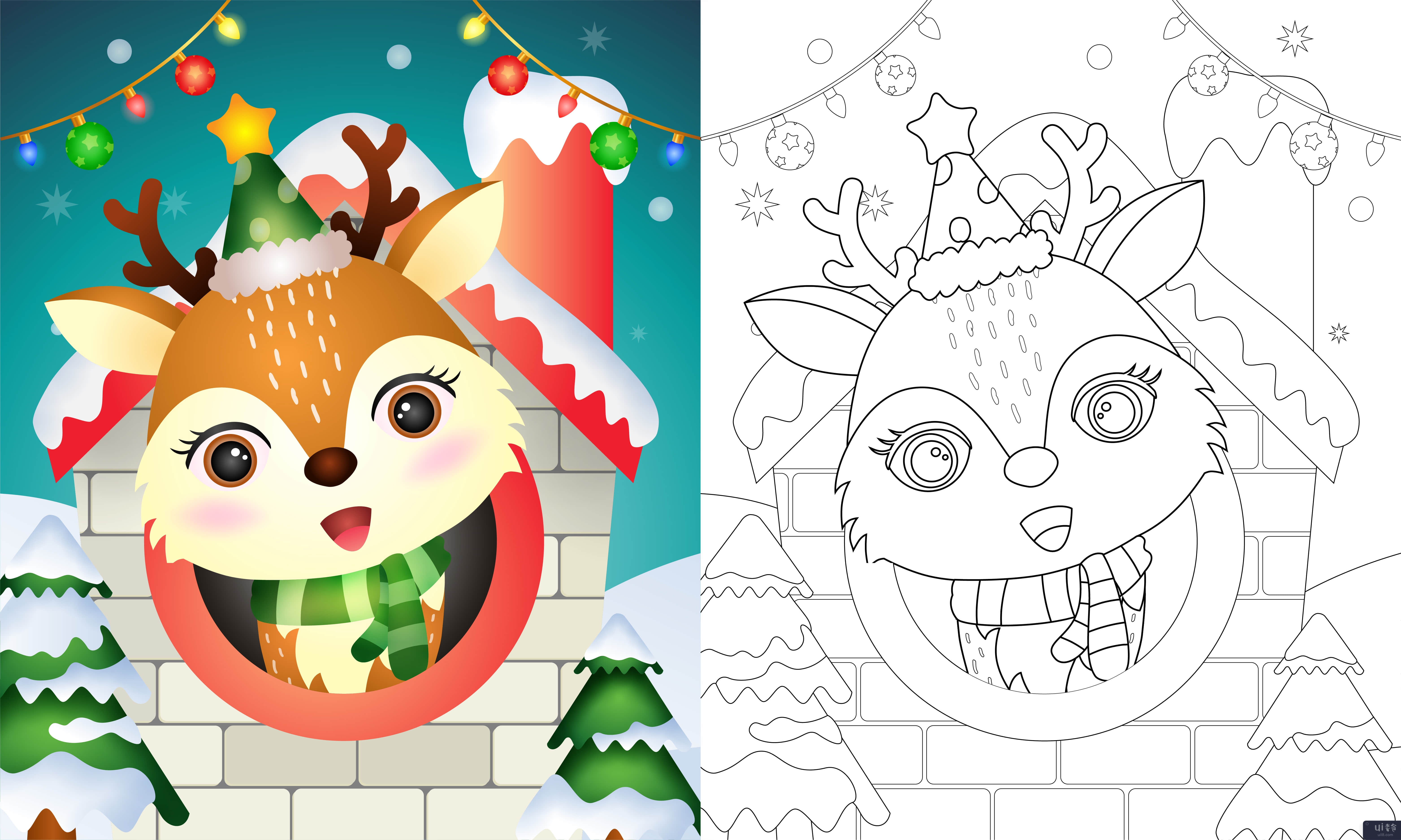 用可爱的鹿圣诞人物着色书(coloring book with a cute deer christmas characters)插图2