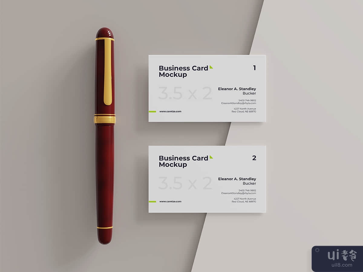 Business card mockup with pen top view
