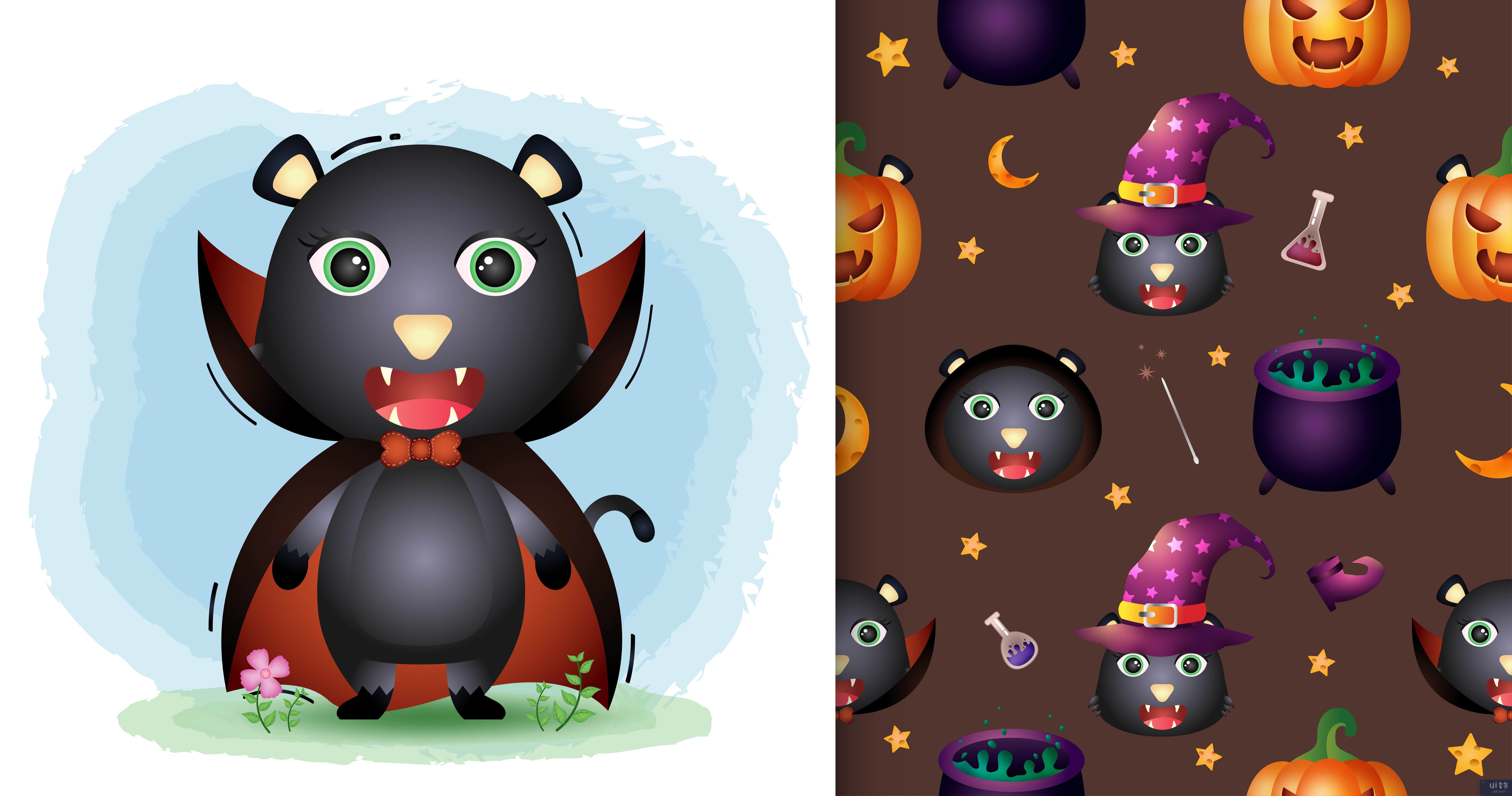 一只可爱的黑猫，穿着德古拉服装万圣节人物无缝图案(a cute black cat with dracula costume halloween character seamless pattern)插图2