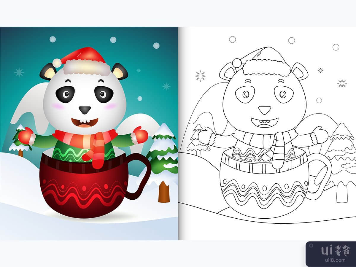 coloring book with a cute panda christmas characters in the elf cup