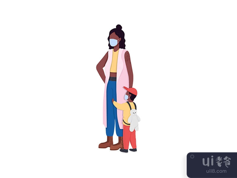 African american mother and son wearing masks flat color vector 