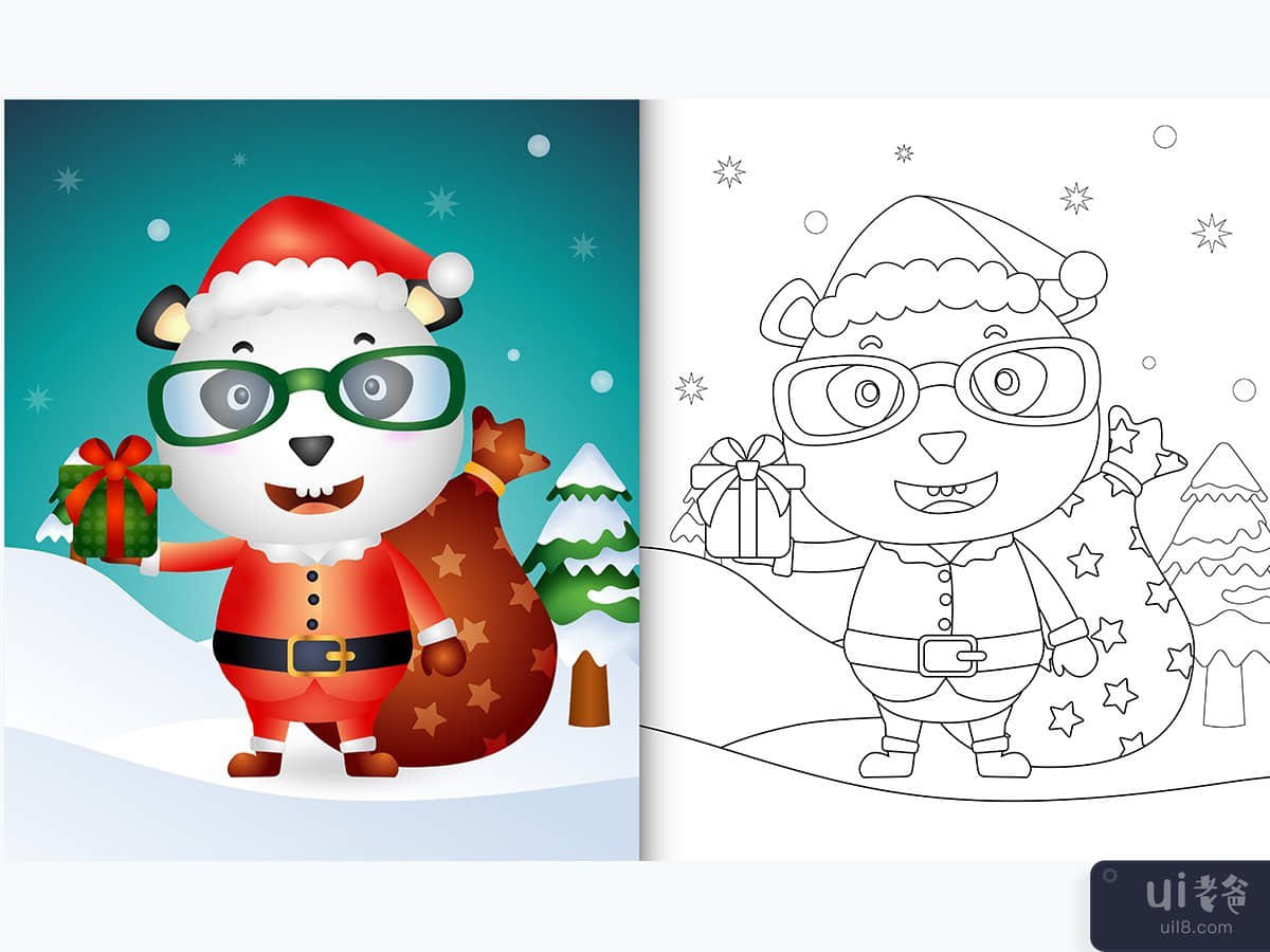 coloring book with a cute panda using santa clause costume