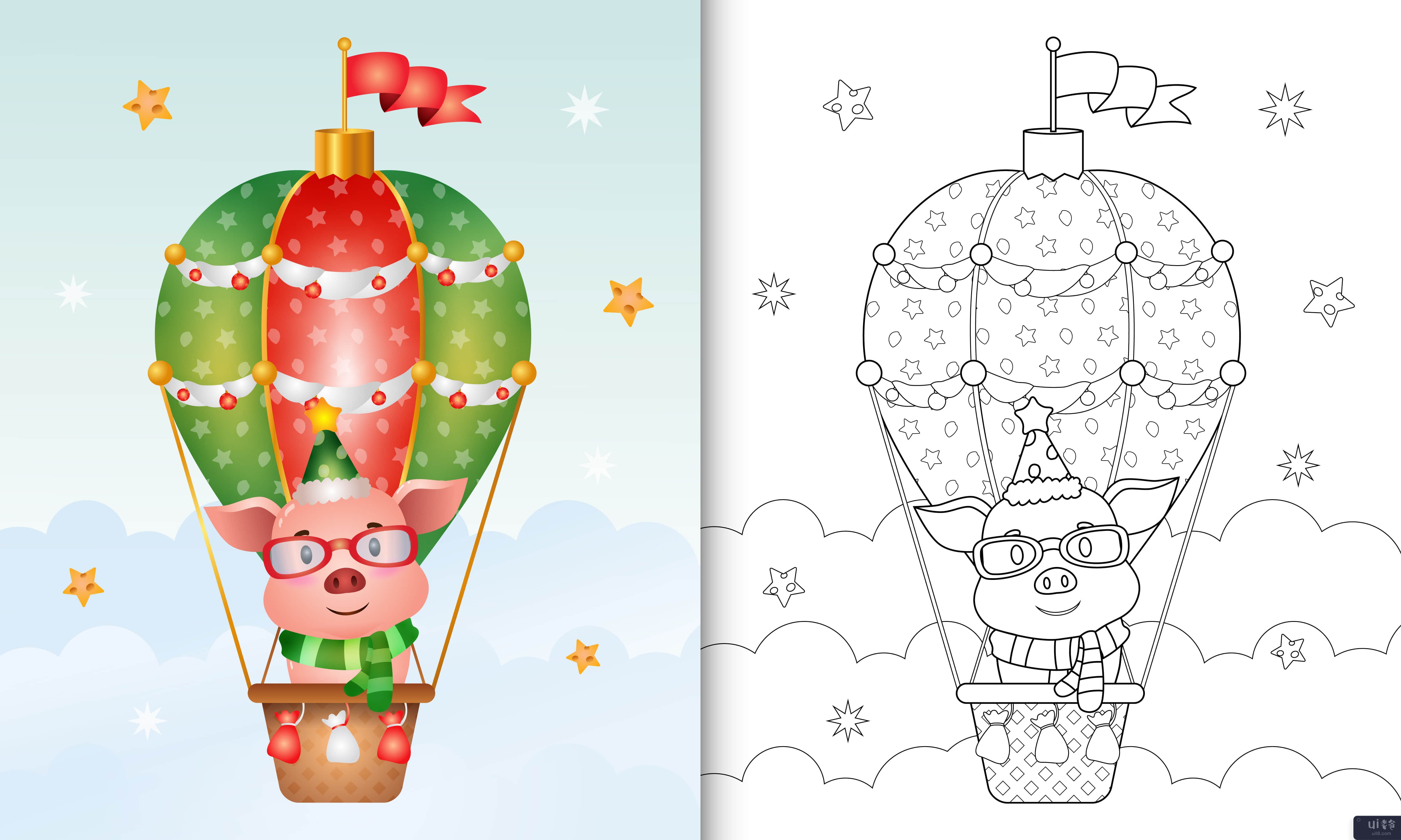用热气球上可爱的猪圣诞人物着色书(coloring book with a cute pig christmas characters on hot air balloon)插图2