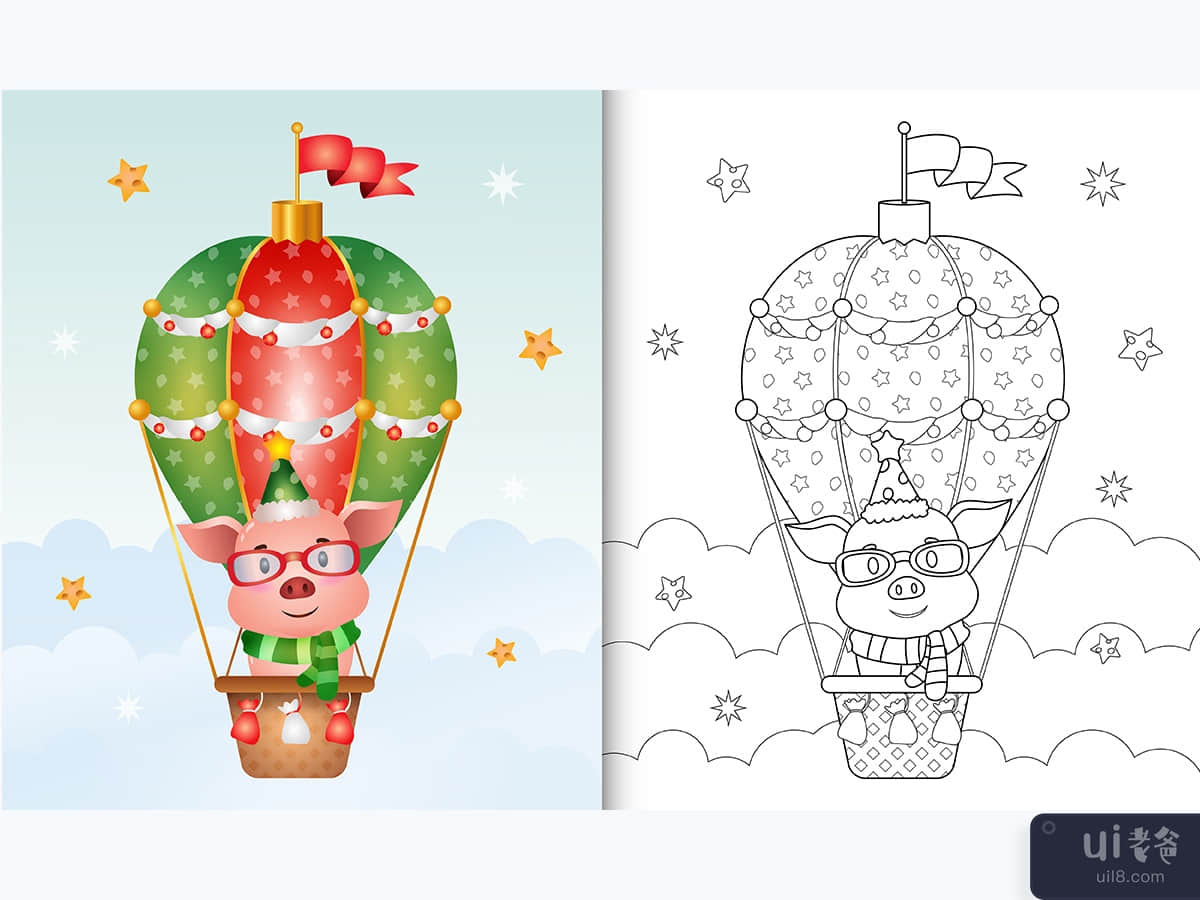 coloring book with a cute pig christmas characters on hot air balloon