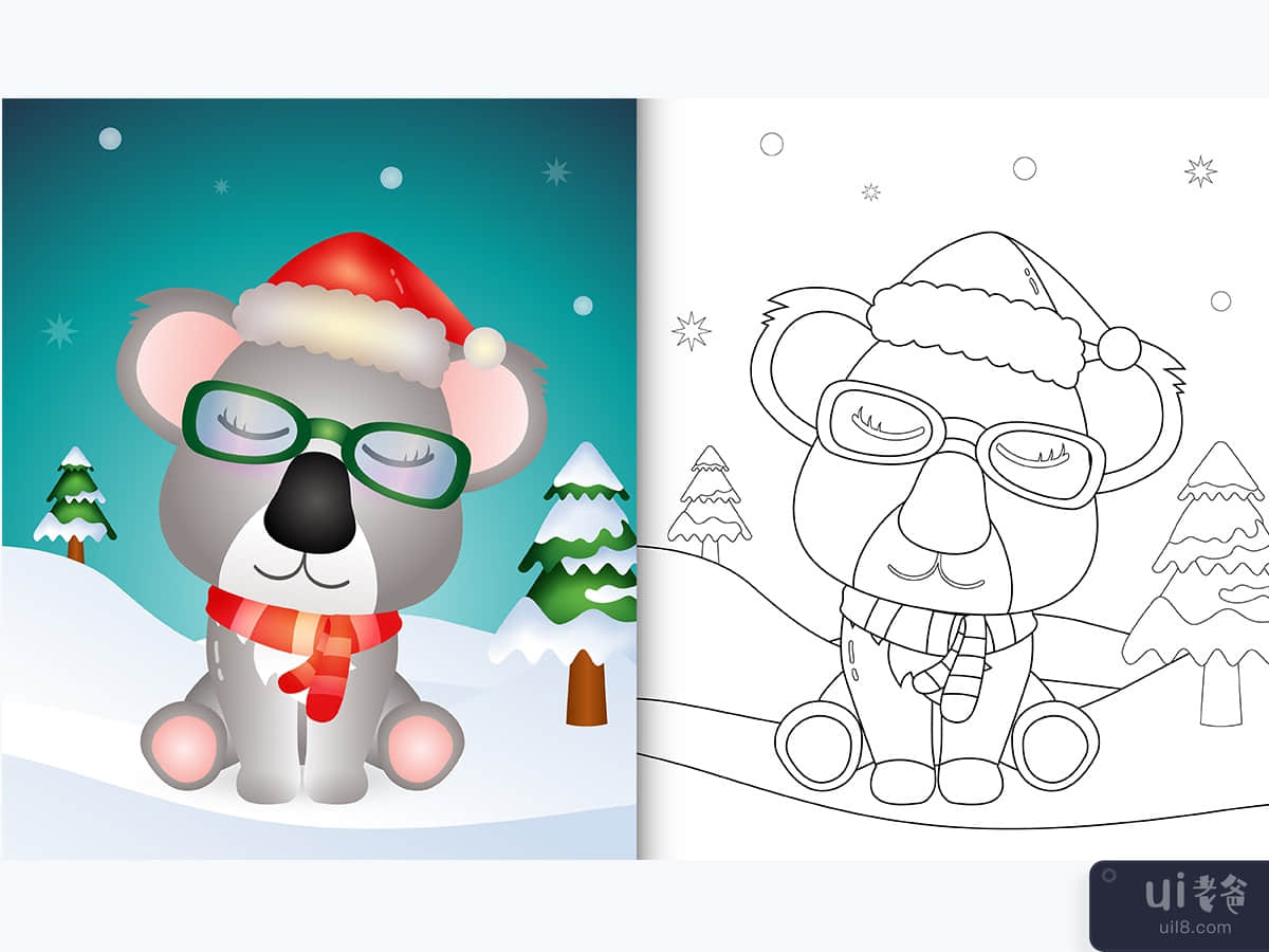 coloring book with a cute koala christmas characters