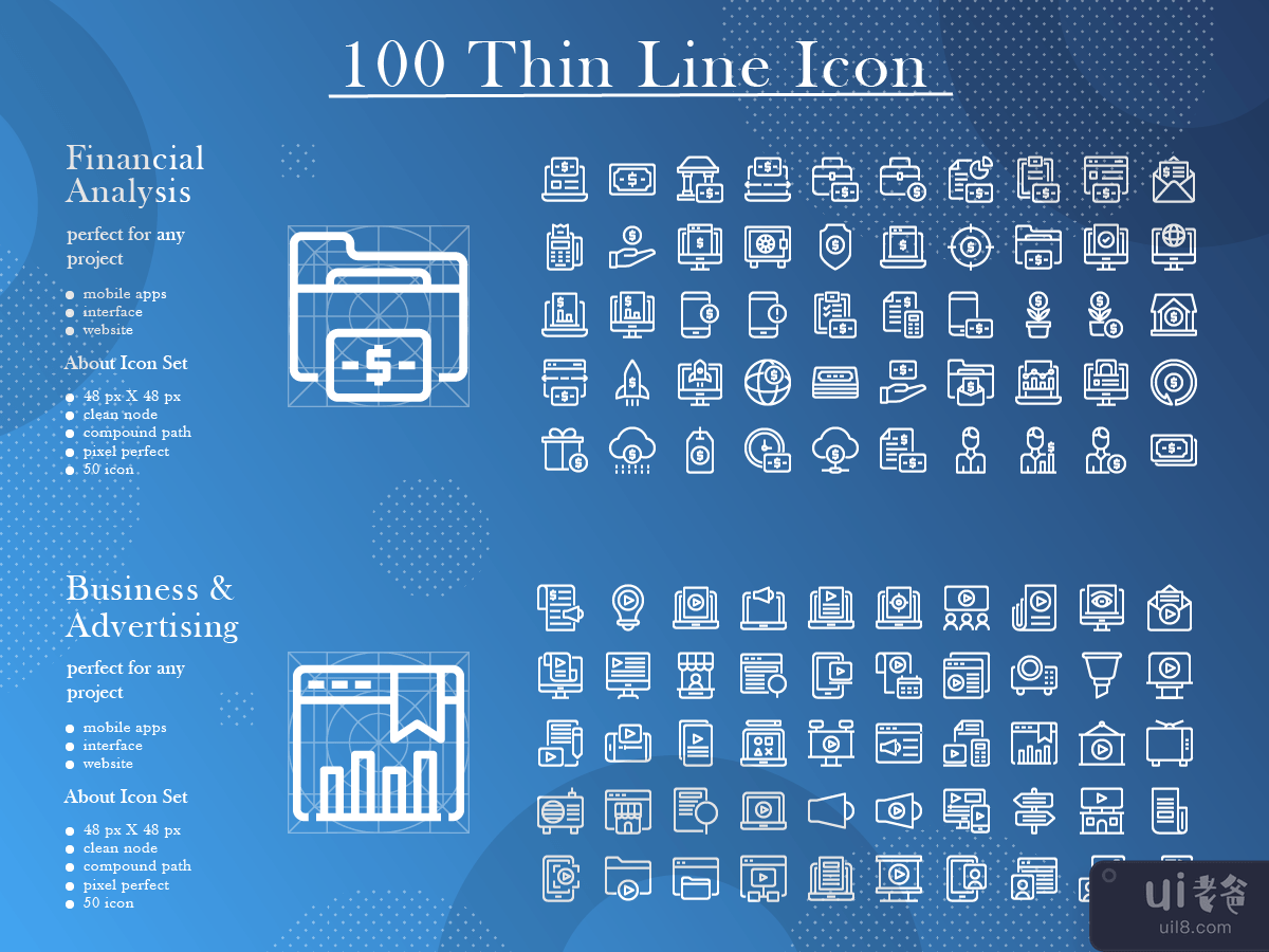 100 Thin Line Icon pack Financial Analysis and Business and Advertising