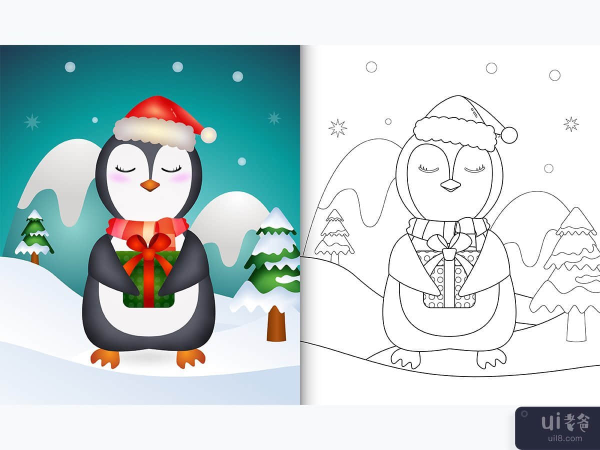 带有可爱企鹅圣诞人物的图画书(coloring book with a cute penguin christmas characters)插图2