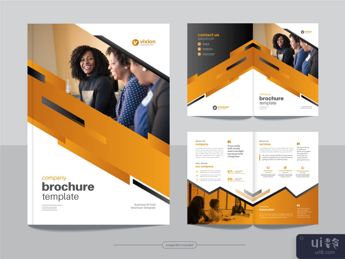 Clean corporate bi fold business brochure design template in A4 format.