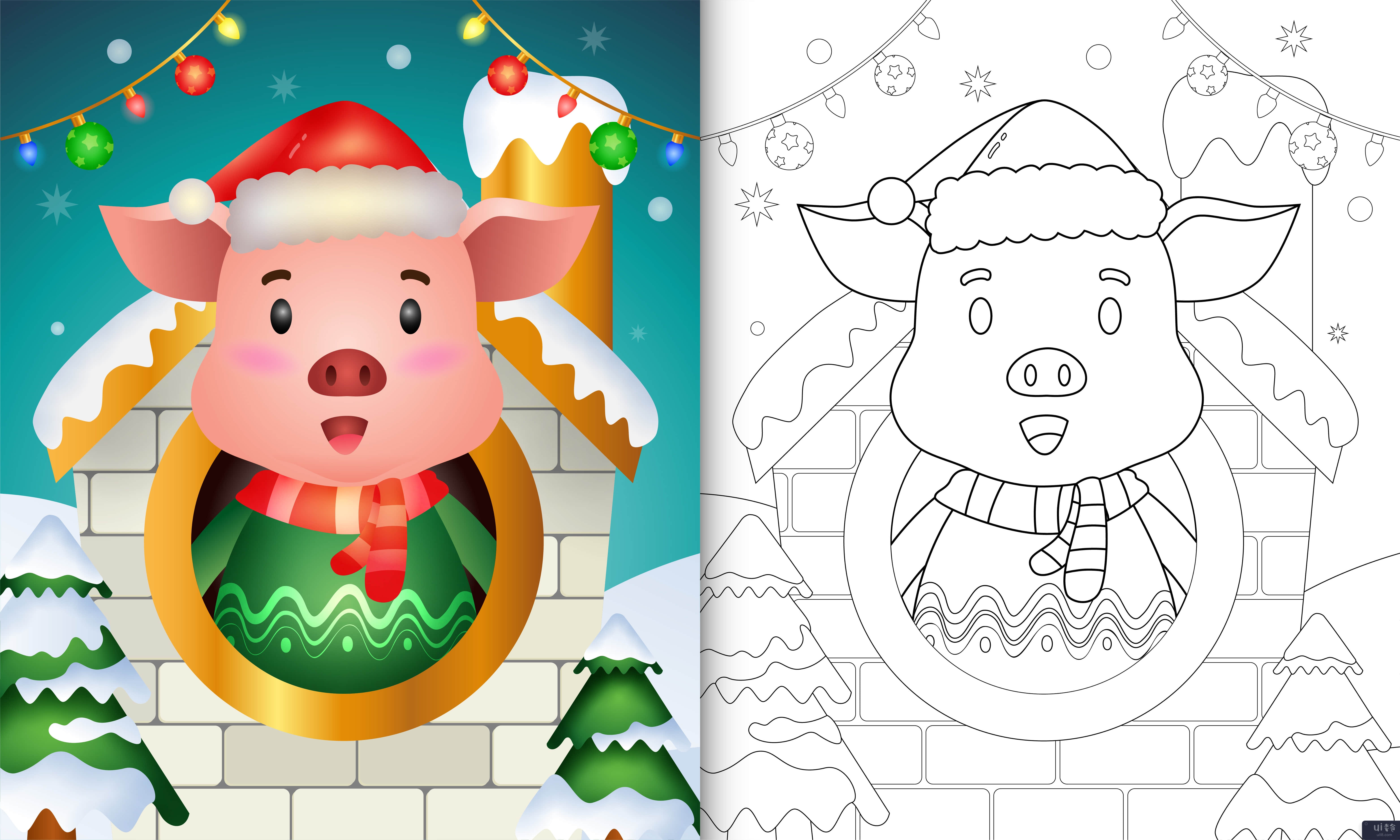 用圣诞帽和围巾为可爱的猪圣诞人物着色书(coloring book with a cute pig christmas characters using santa hat and scarf)插图2