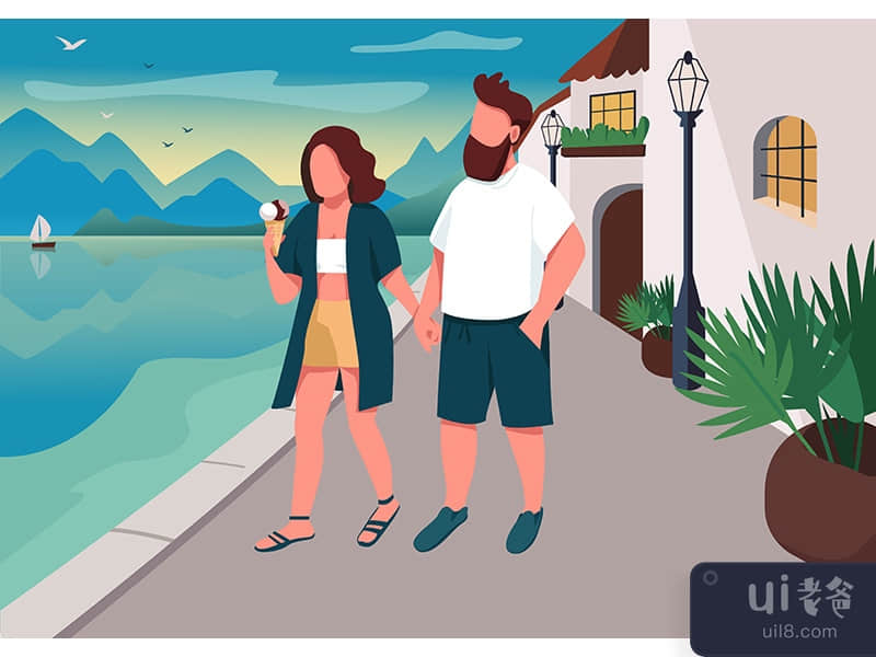 Couple walking on seafront flat color vector illustration