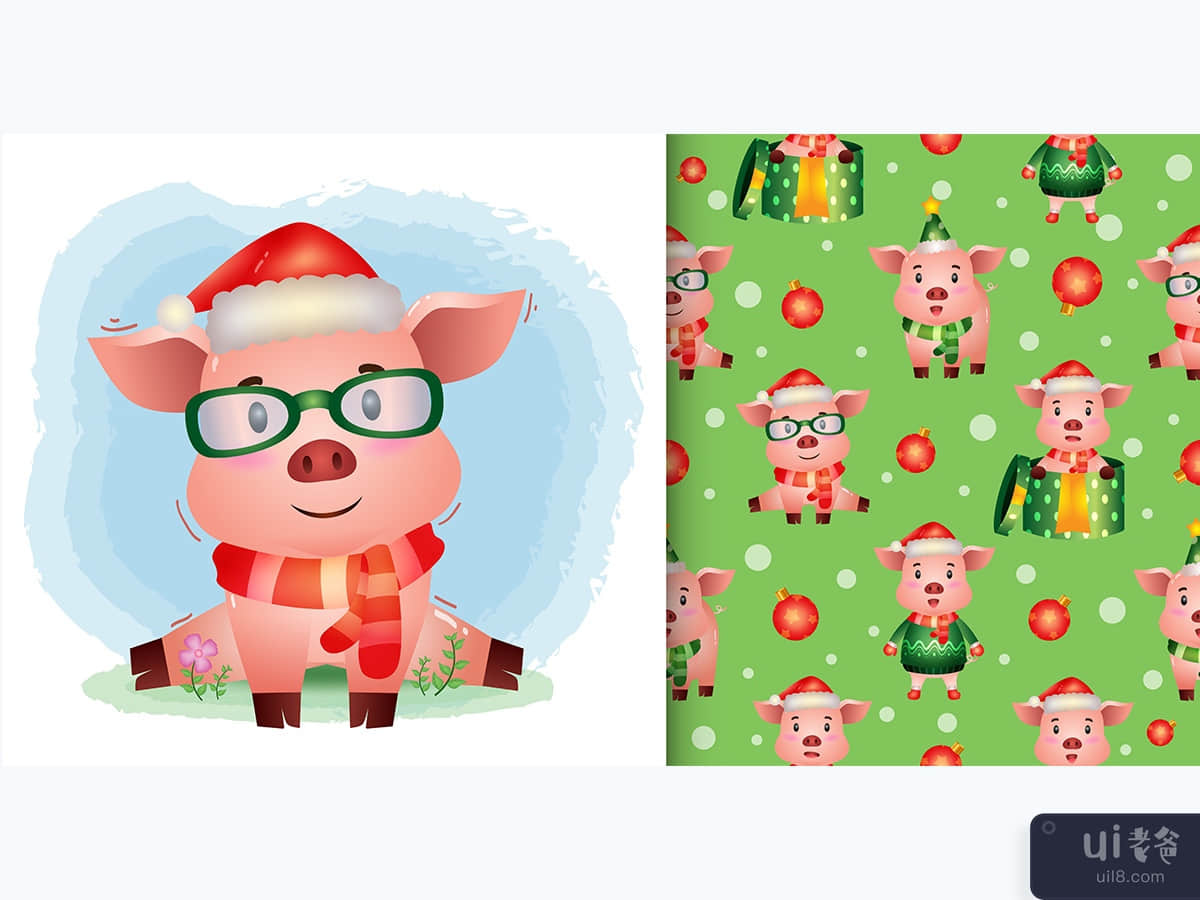 a cute pig christmas characters. seamless pattern and illustration designs