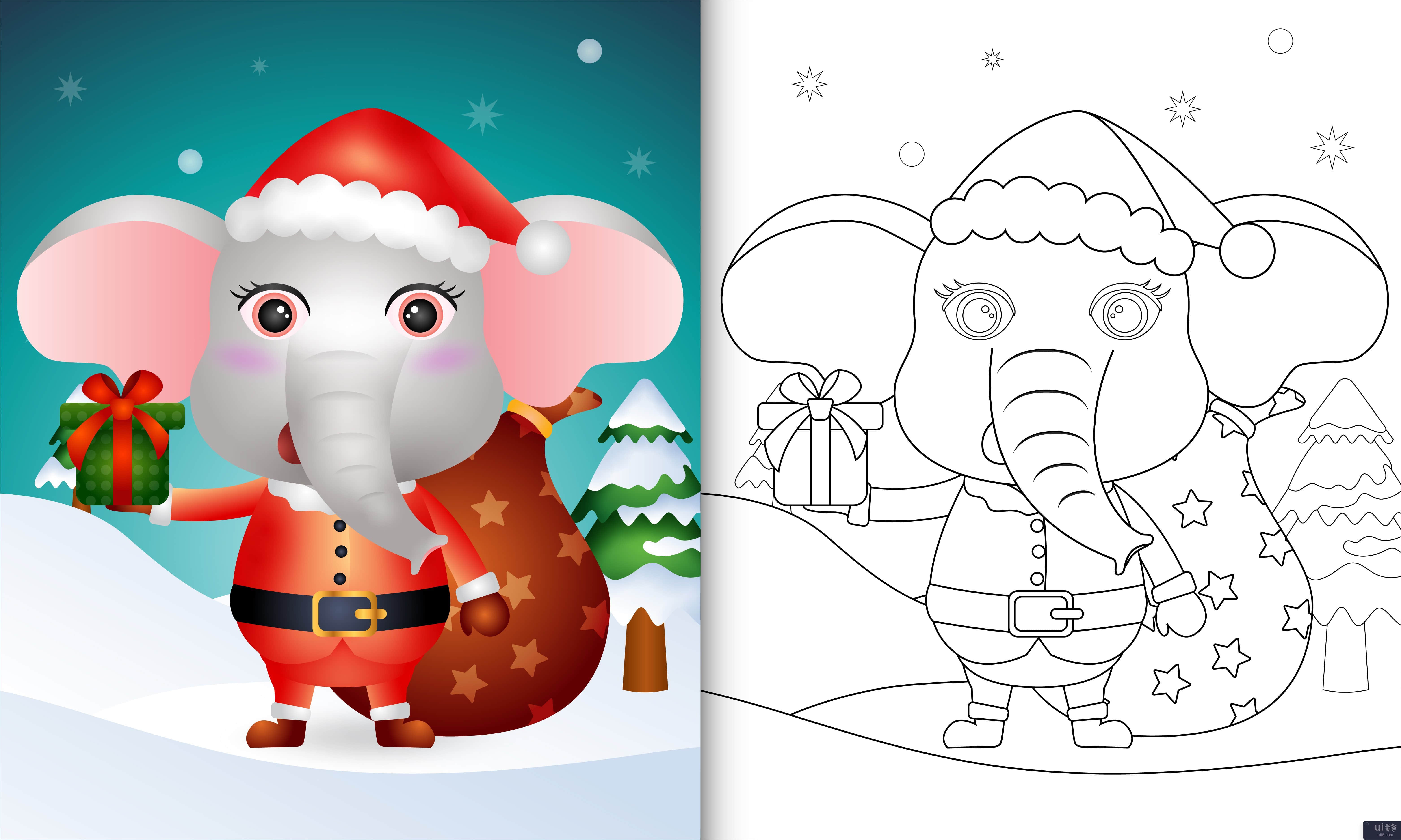 使用圣诞老人服装的可爱大象着色书(coloring book with a cute elephant using santa clause costume)插图2