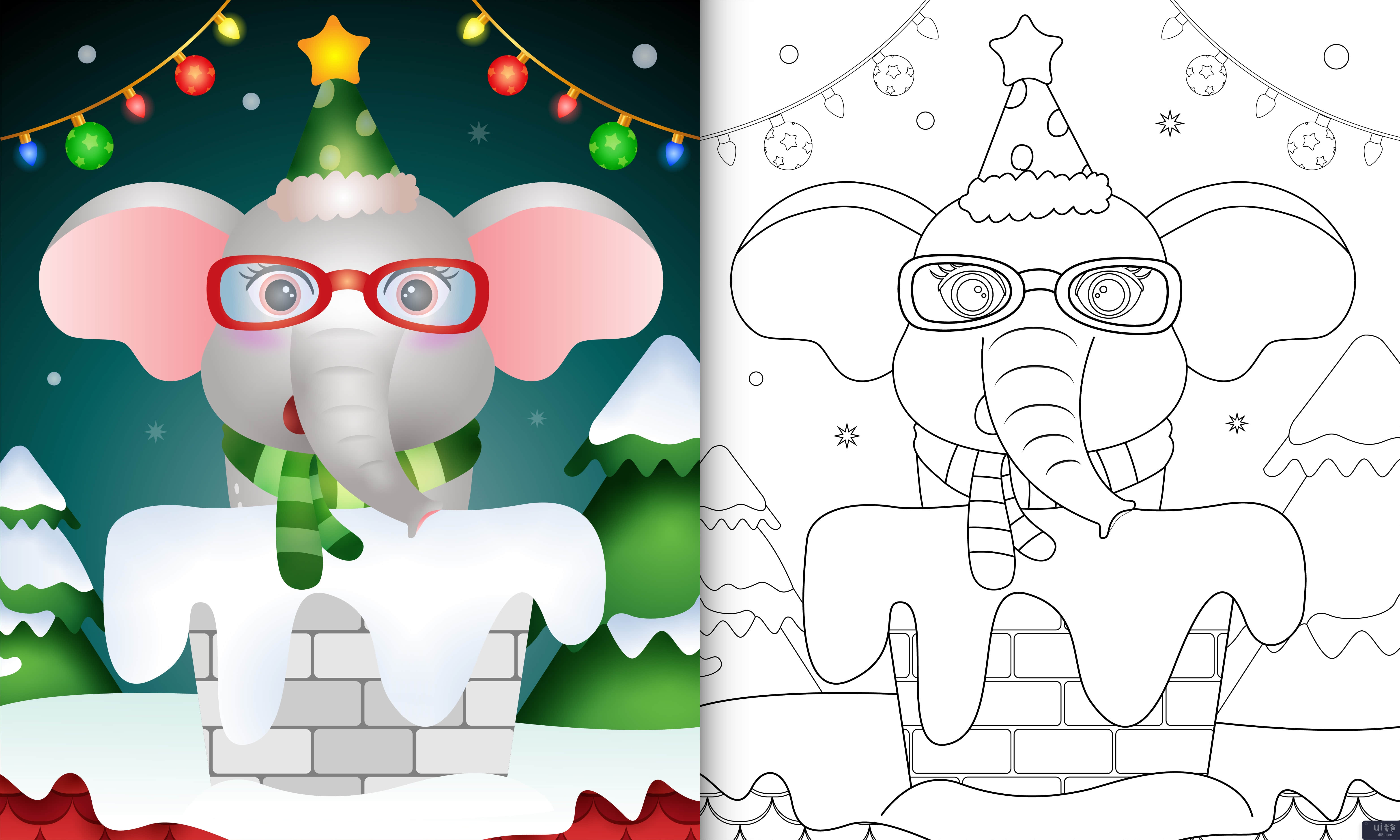 用帽子和围巾在烟囱里为可爱大象的孩子涂色书(coloring book for kids with a cute elephant using hat and scarf in chimney)插图2