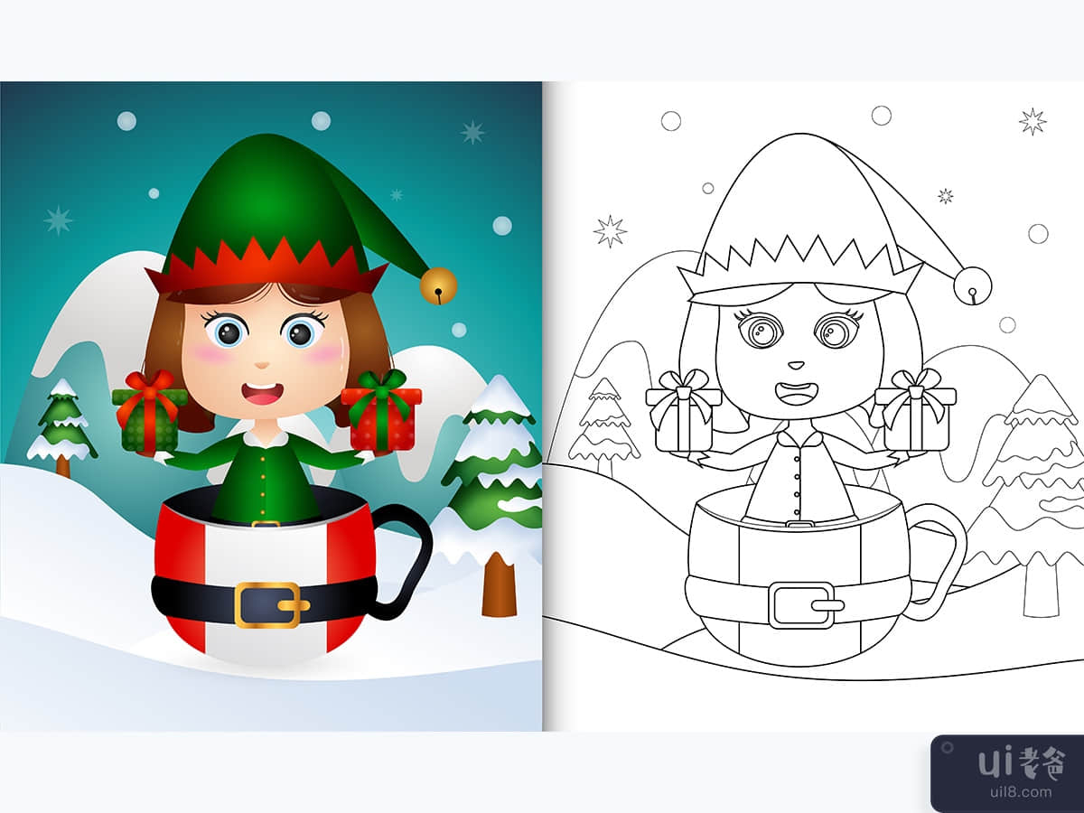 coloring book with a cute girl elf christmas characters in the cup santa