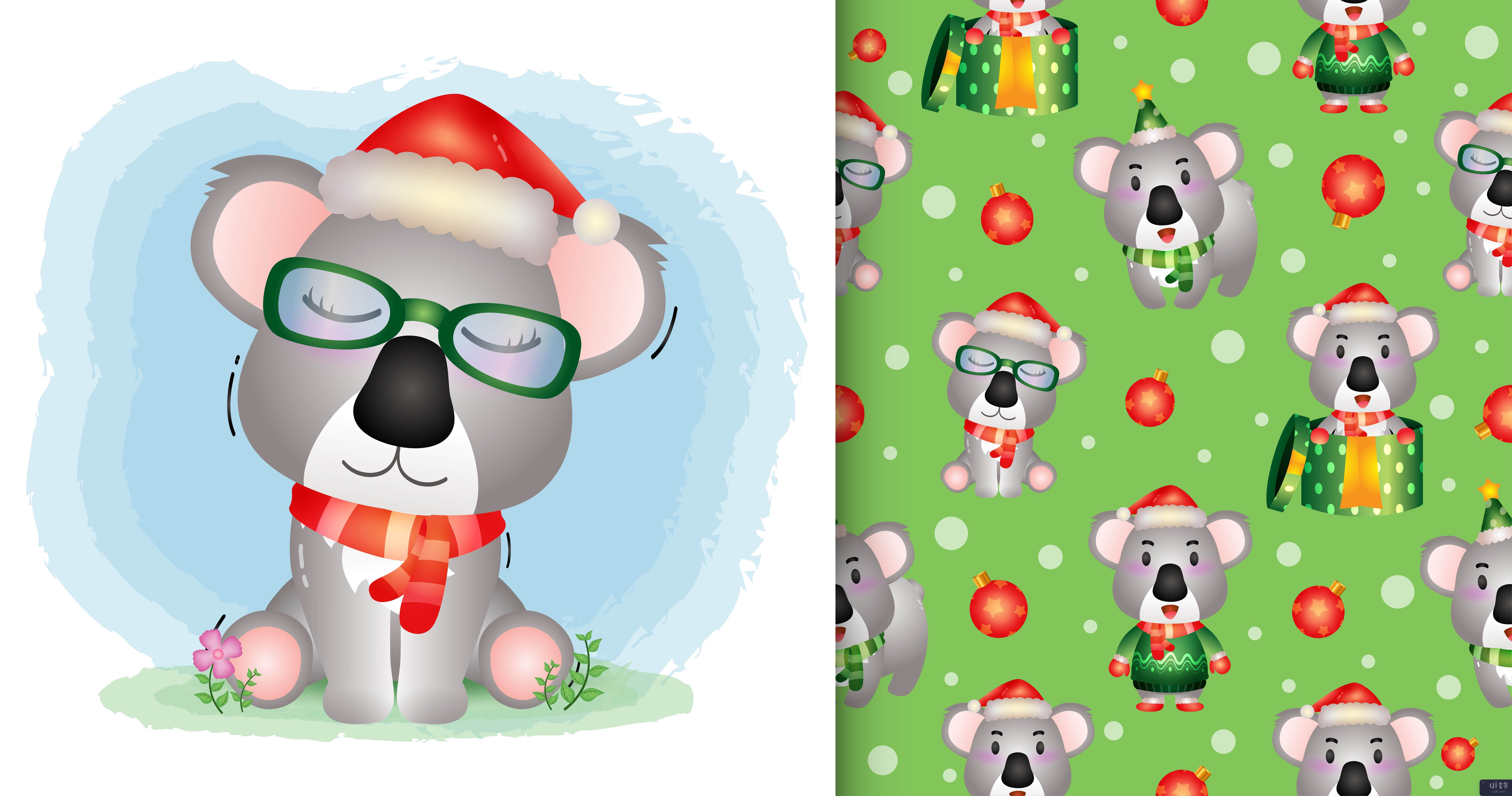 可爱的考拉圣诞人物。无缝图案和插图设计(a cute koala christmas characters. seamless pattern and illustration designs)插图2
