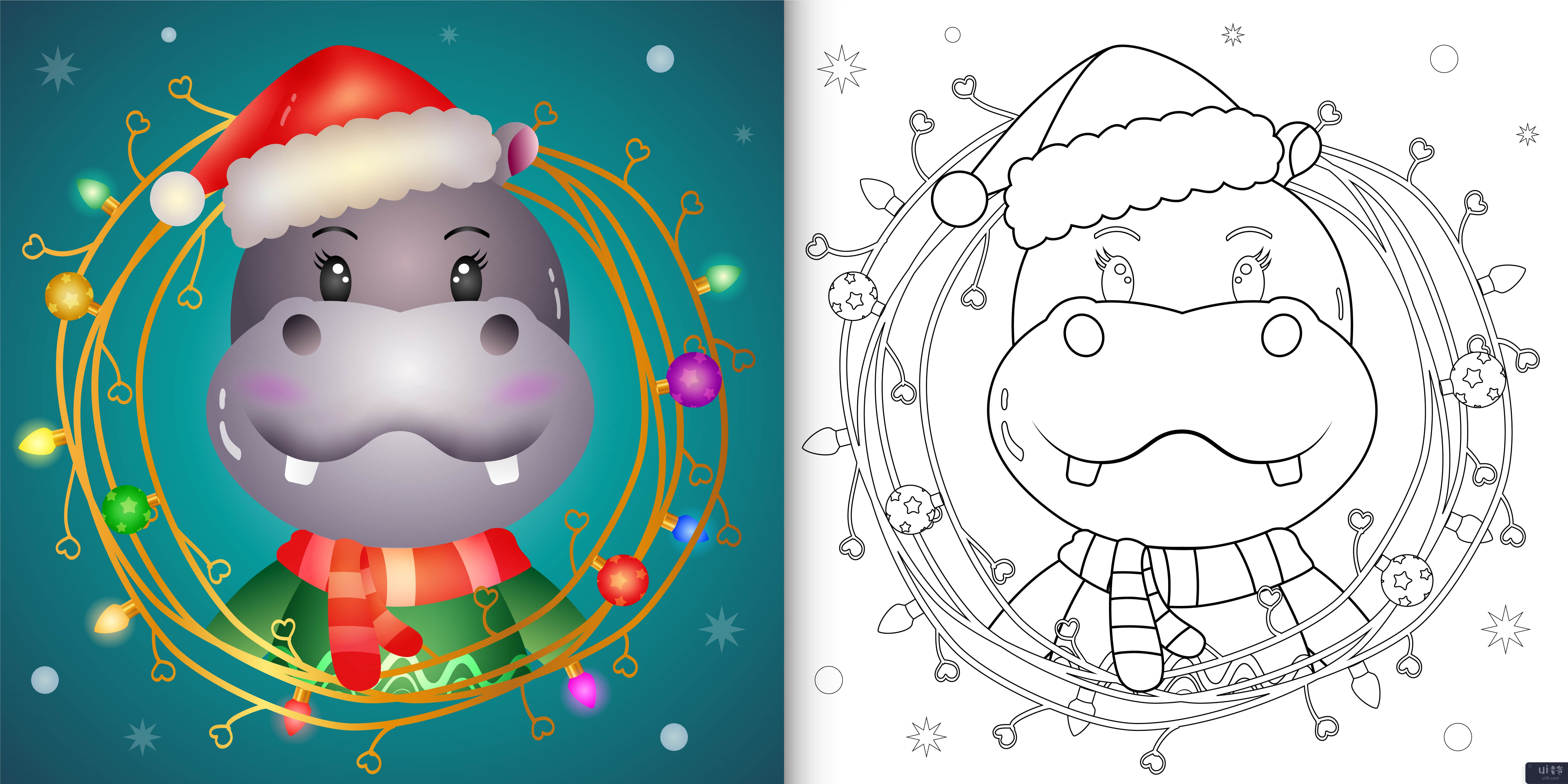 着色书与可爱的河马与树枝装饰圣诞节(coloring book with a cute hippo with twigs decoration christmas)插图2