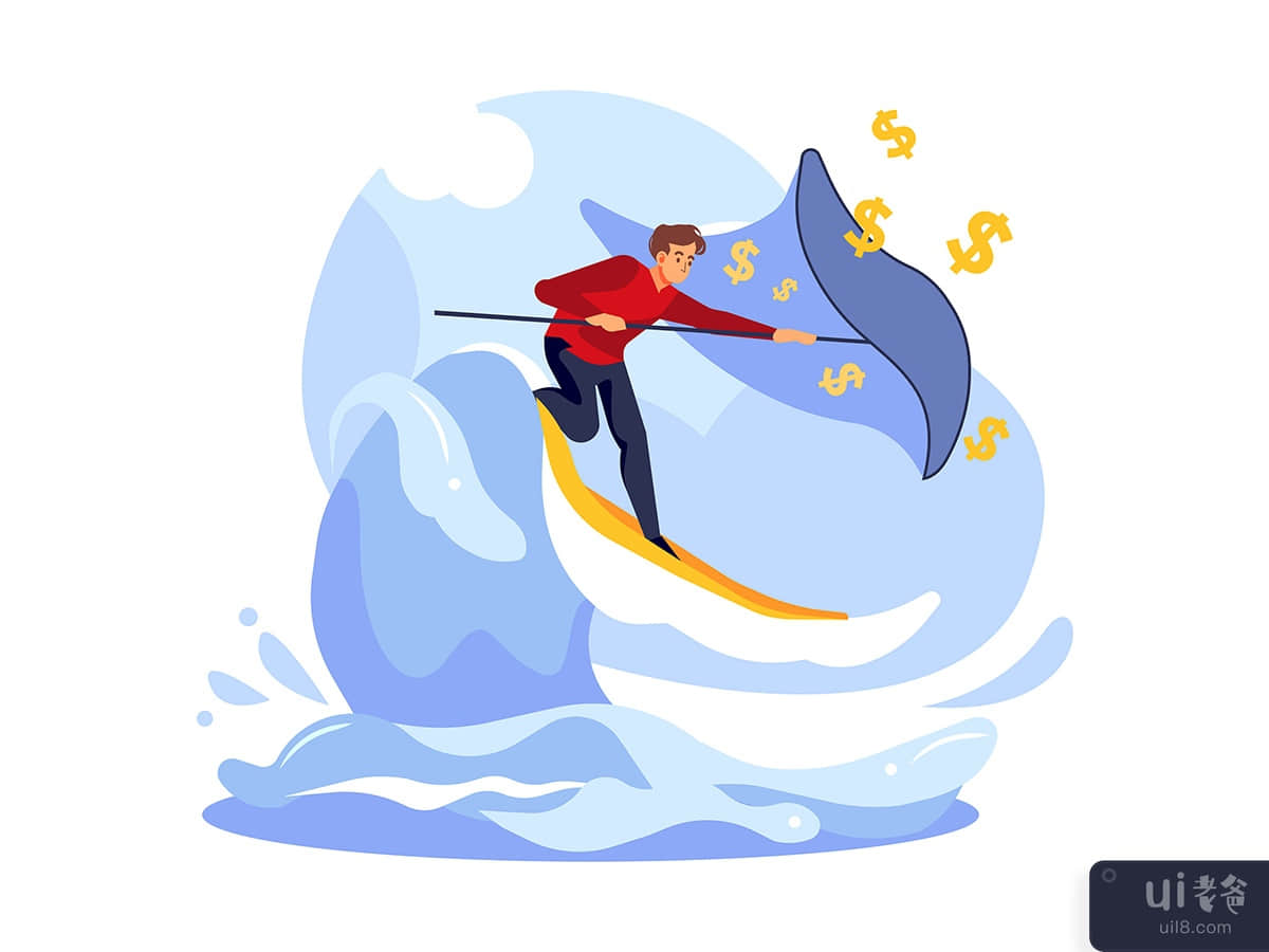 Businessman surfing and catching dollar