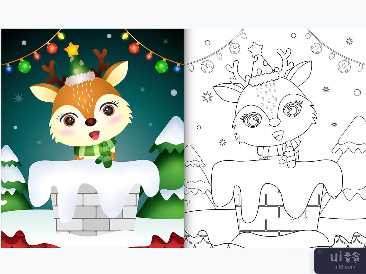 coloring for kids with a cute deer using santa hat and scarf