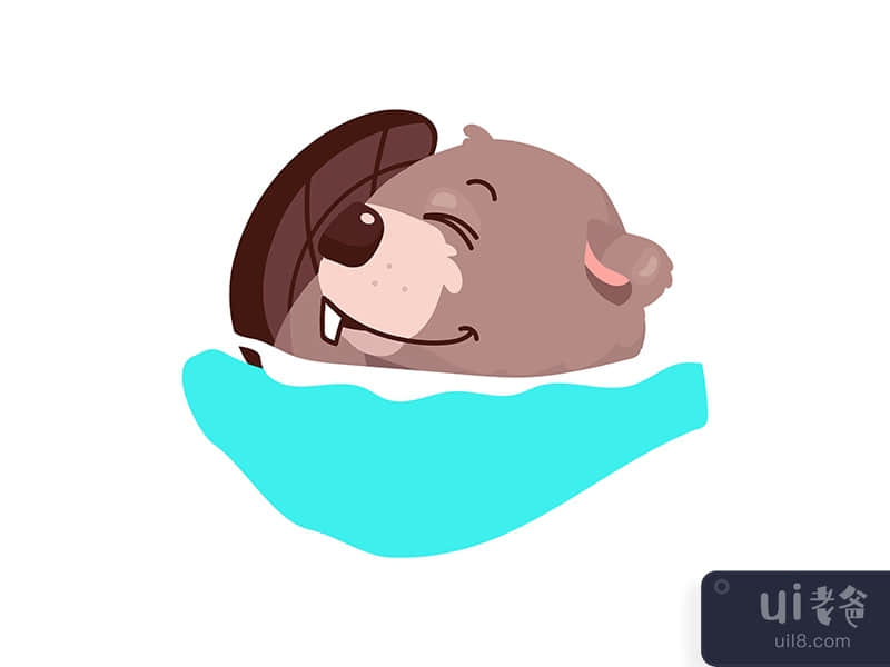 Cute beaver embracing tail and sleeping semi flat color vector character