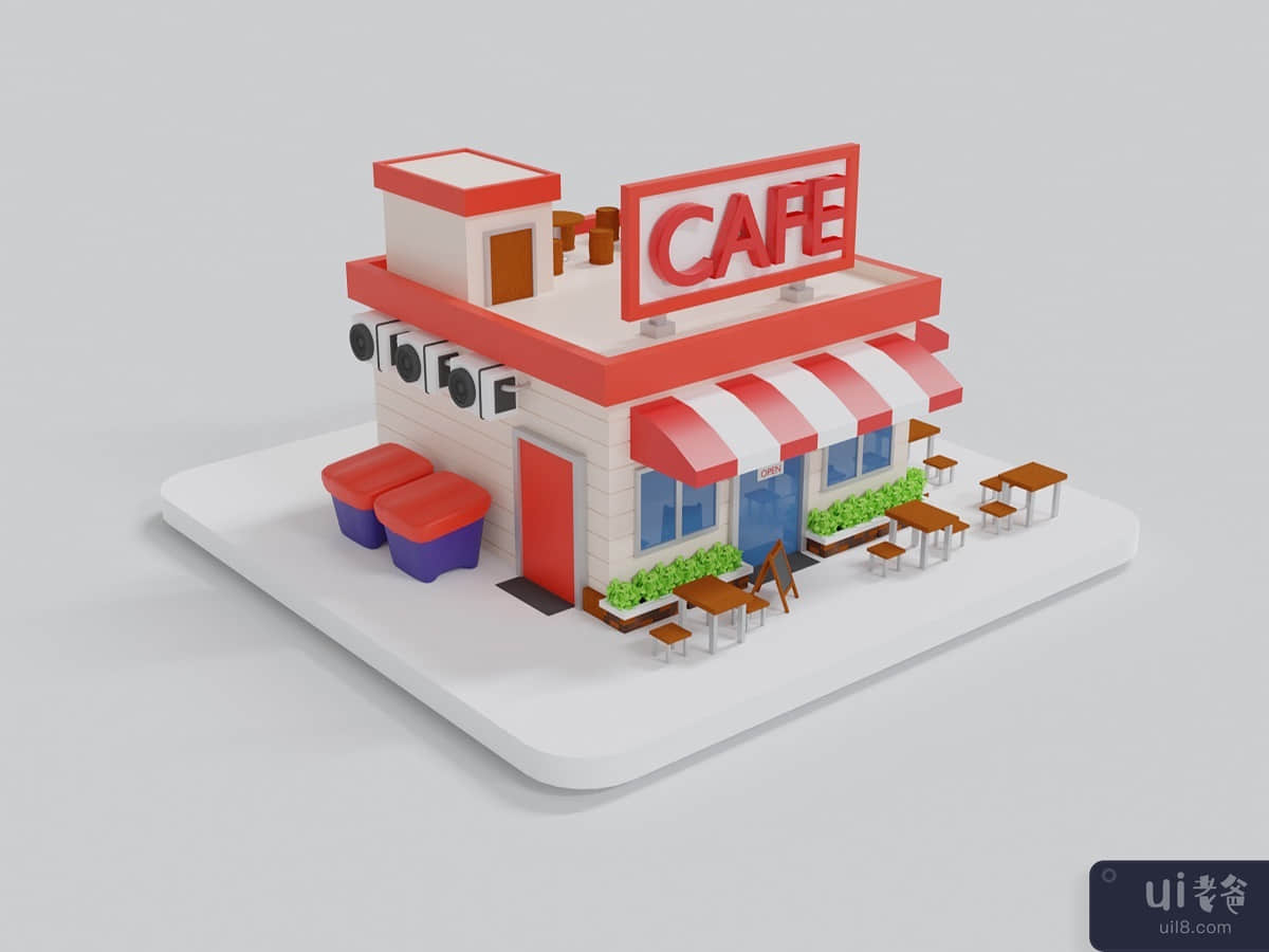 a Cafe Illustration in 3D Rendering