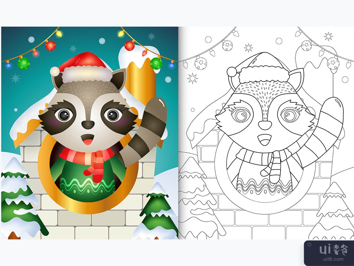 coloring book with a cute raccoon christmas characters using santa hat and scarf