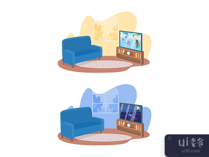 Cozy living room decor 2D vector isolated illustration set