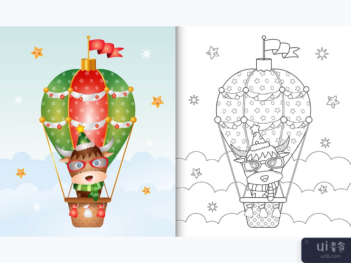 coloring book with a cute buffalo christmas characters on hot air balloon