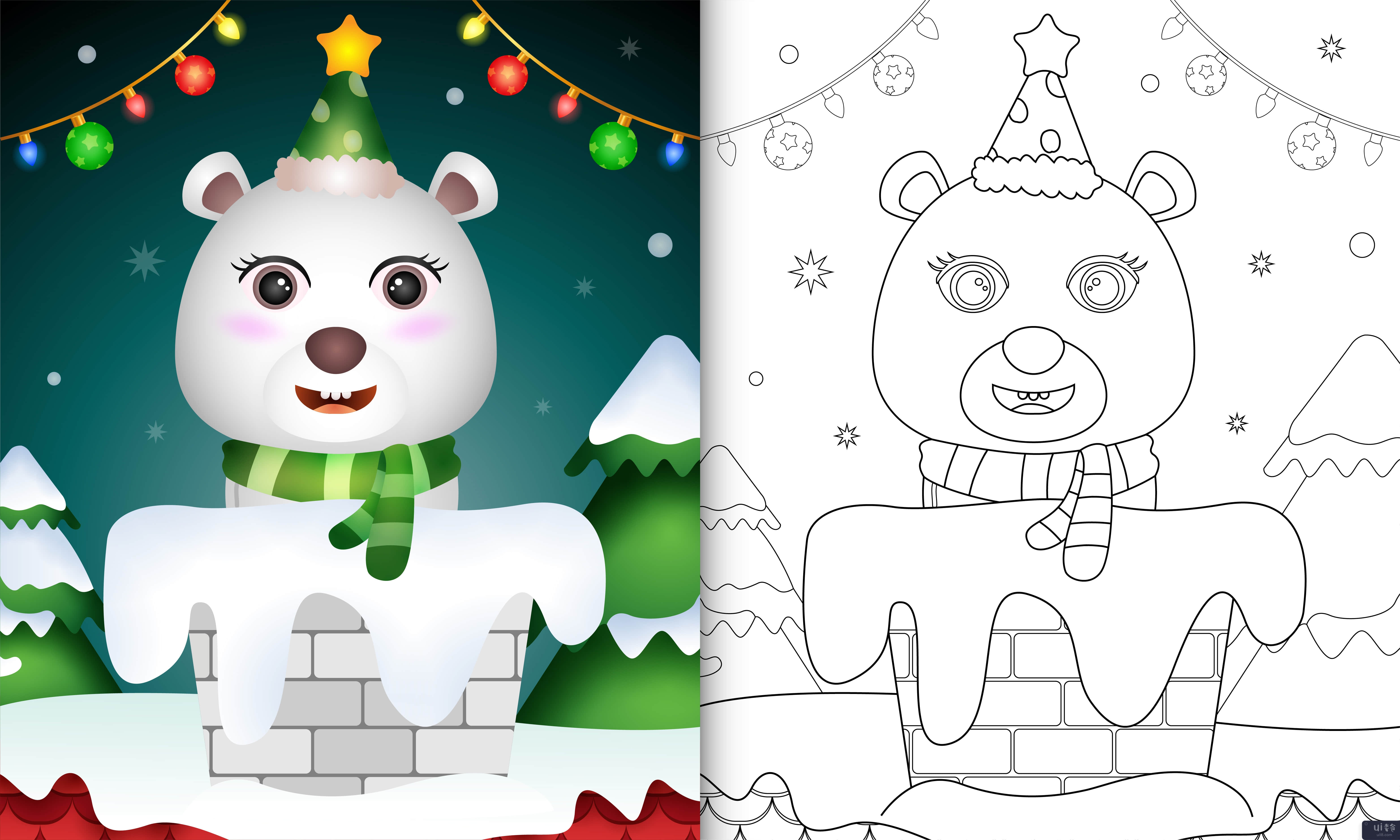 用帽子和围巾在烟囱里为可爱的北极熊孩子着色书(coloring book for kids with a cute polar bear using hat and scarf in chimney)插图2