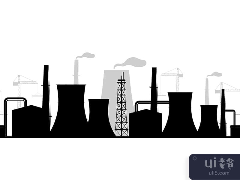 City industrial buildings black silhouette seamless border