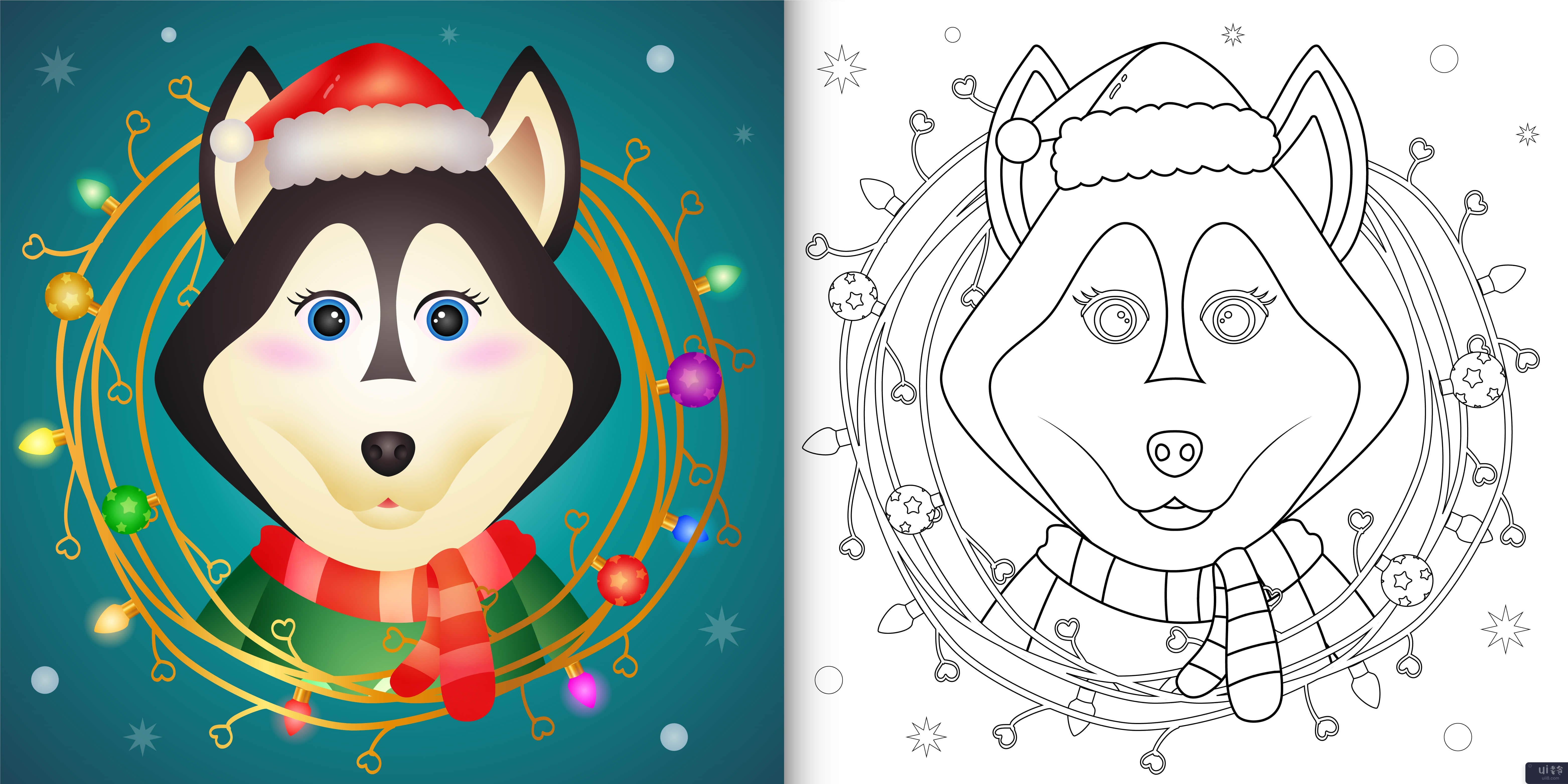 用树枝装饰的可爱哈士奇狗着色书(coloring book with a cute husky dog with twigs decoration)插图2