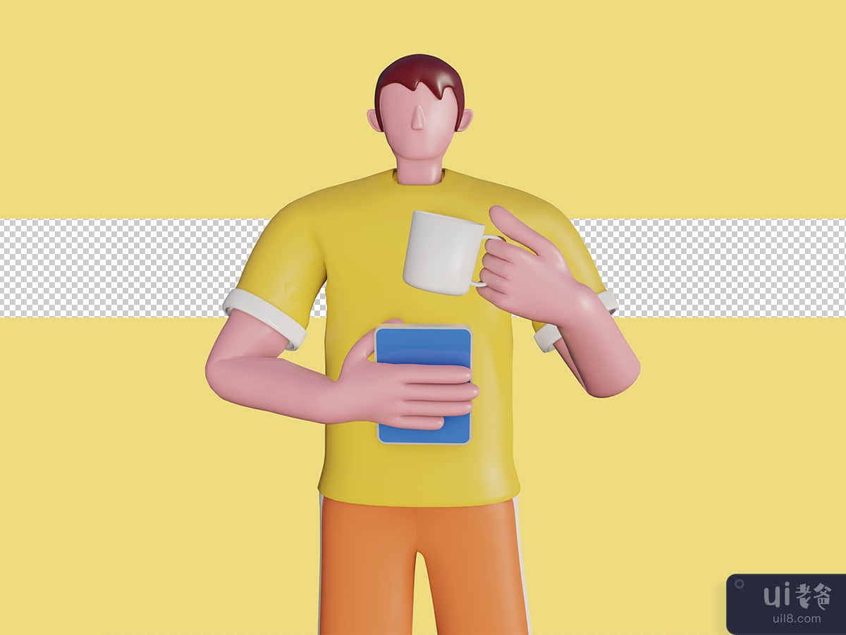 3d concept illustration of a character holding a tablet and holding a teacup. 