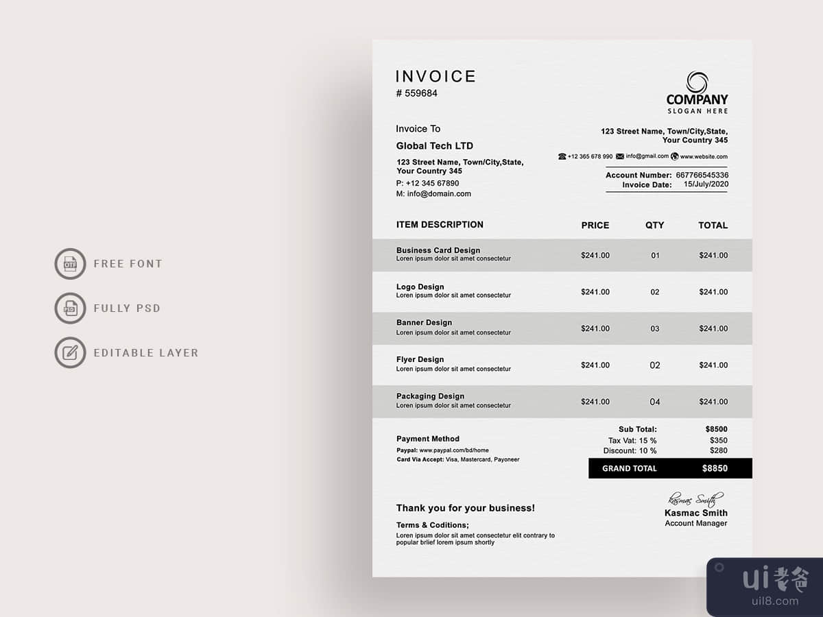 Corporate invoice template with black