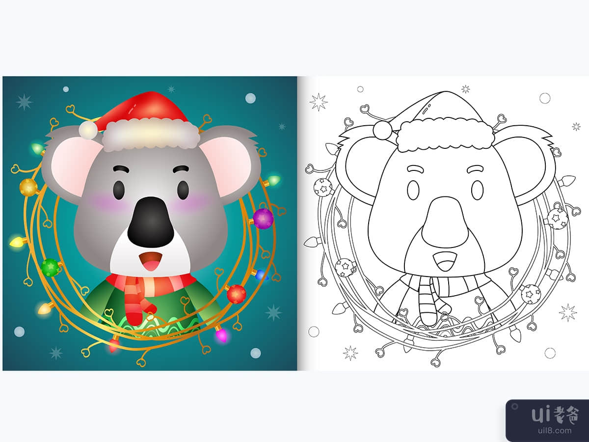 coloring book with a cute koala with twigs decoration christmas