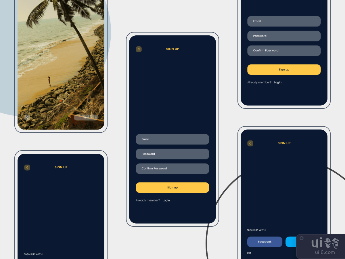 3 concept screens for Travel app
