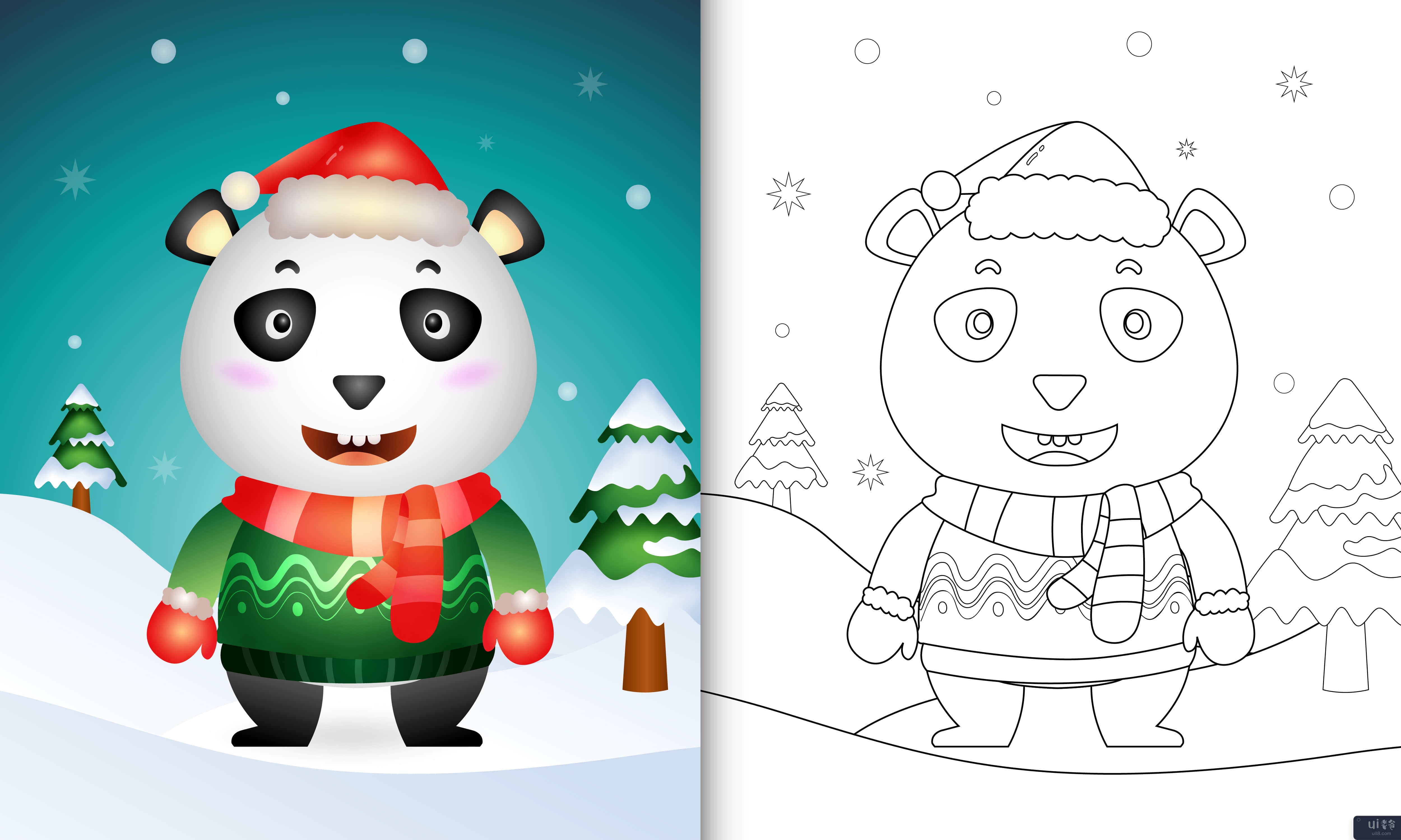 带有可爱熊猫圣诞人物的图画书(coloring book with a cute panda christmas characters)插图2