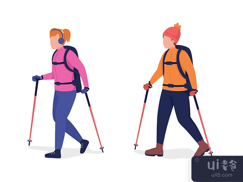 Children hiking in winter semi flat color vector character set