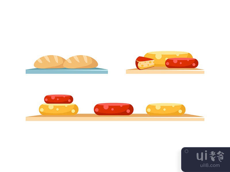 Cheese and bread display flat color vector objects set