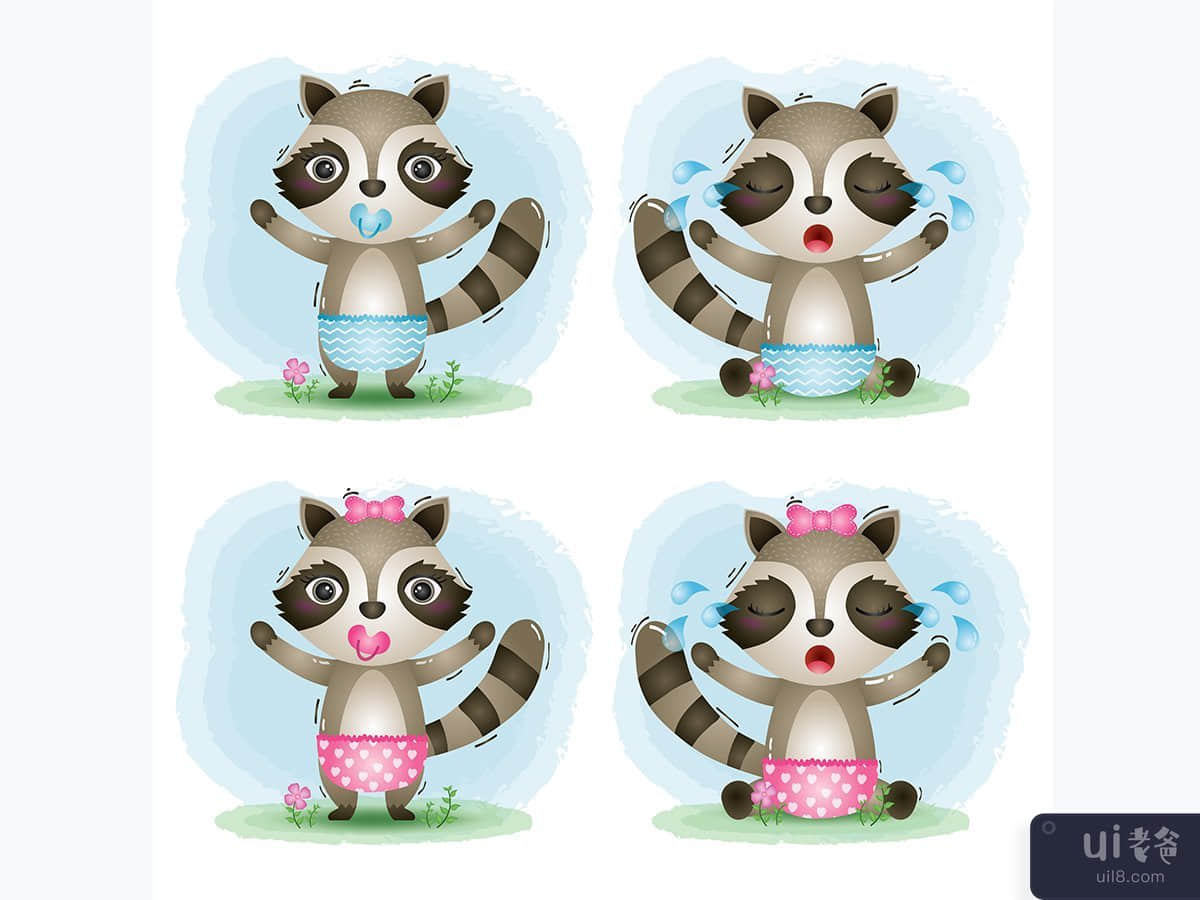 儿童风格的可爱浣熊宝宝系列(cute baby raccoon collection in the children's style)插图2
