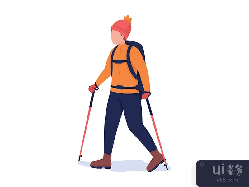 Boy on winter hike semi flat color vector character